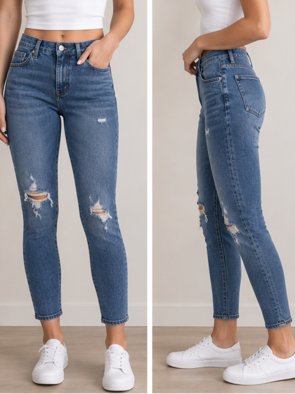 High-Rise Ripped Ankle Skinny Jeans - Blue 99% cotton